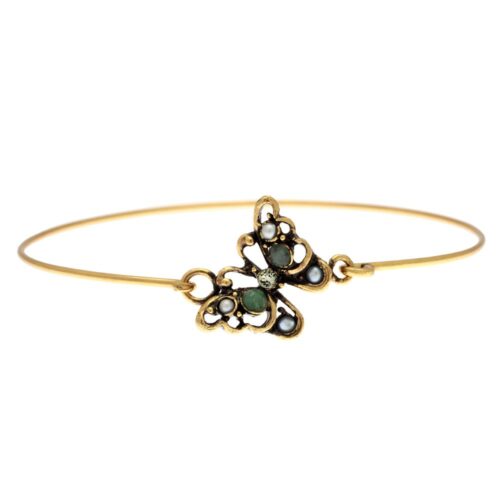 bracciale raffigurante una piccola farmalla con swarovski, microperle e smeraldi