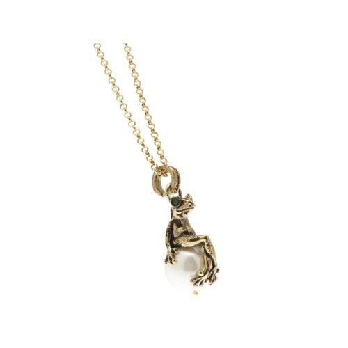 Collana artigianale con pendente a forma di rana con perla