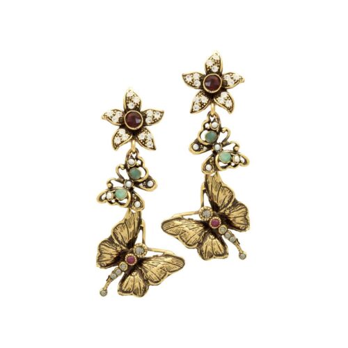 orecchini raffiguranti delle farfalle con svarowski, smeraldi e perle